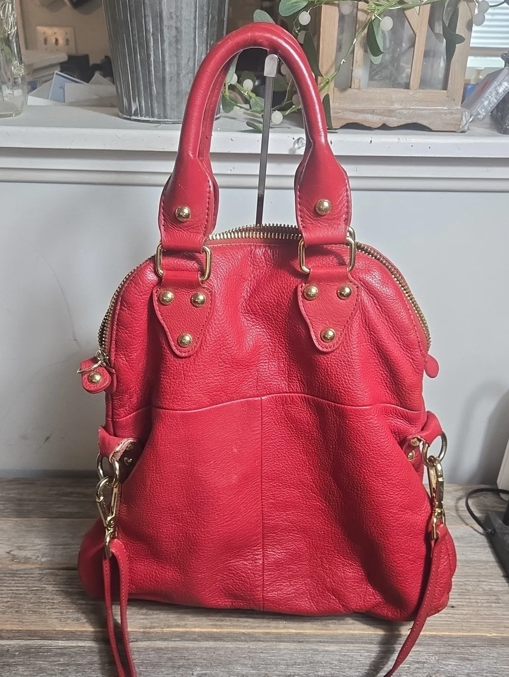 Emma Fox Red Leather Satchel Convertible Handbag with Gold Hardware